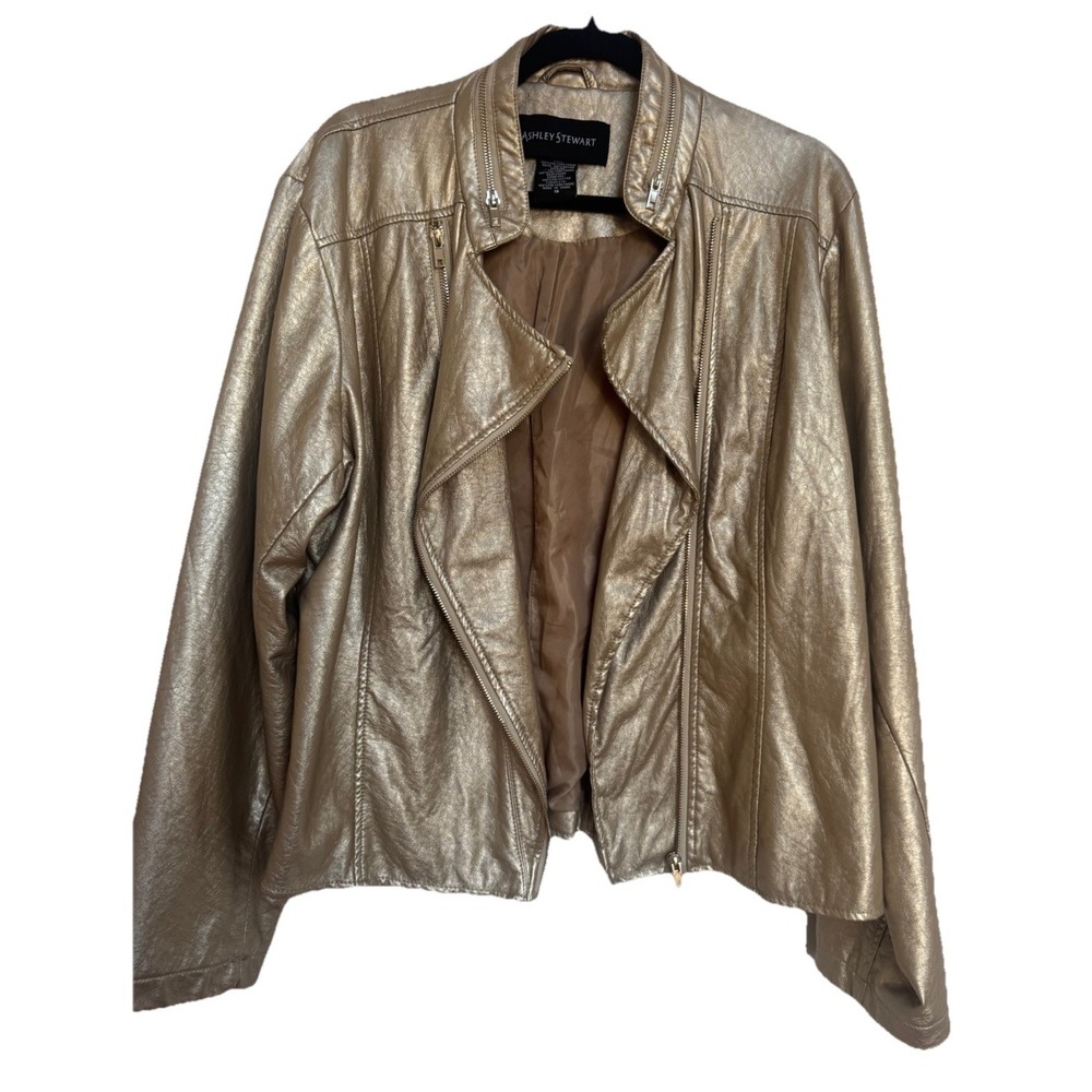 Ashley Stewart Moto Jacket 18 Gold Soft Faux Leather Rocker Boho Chic Retro 80s